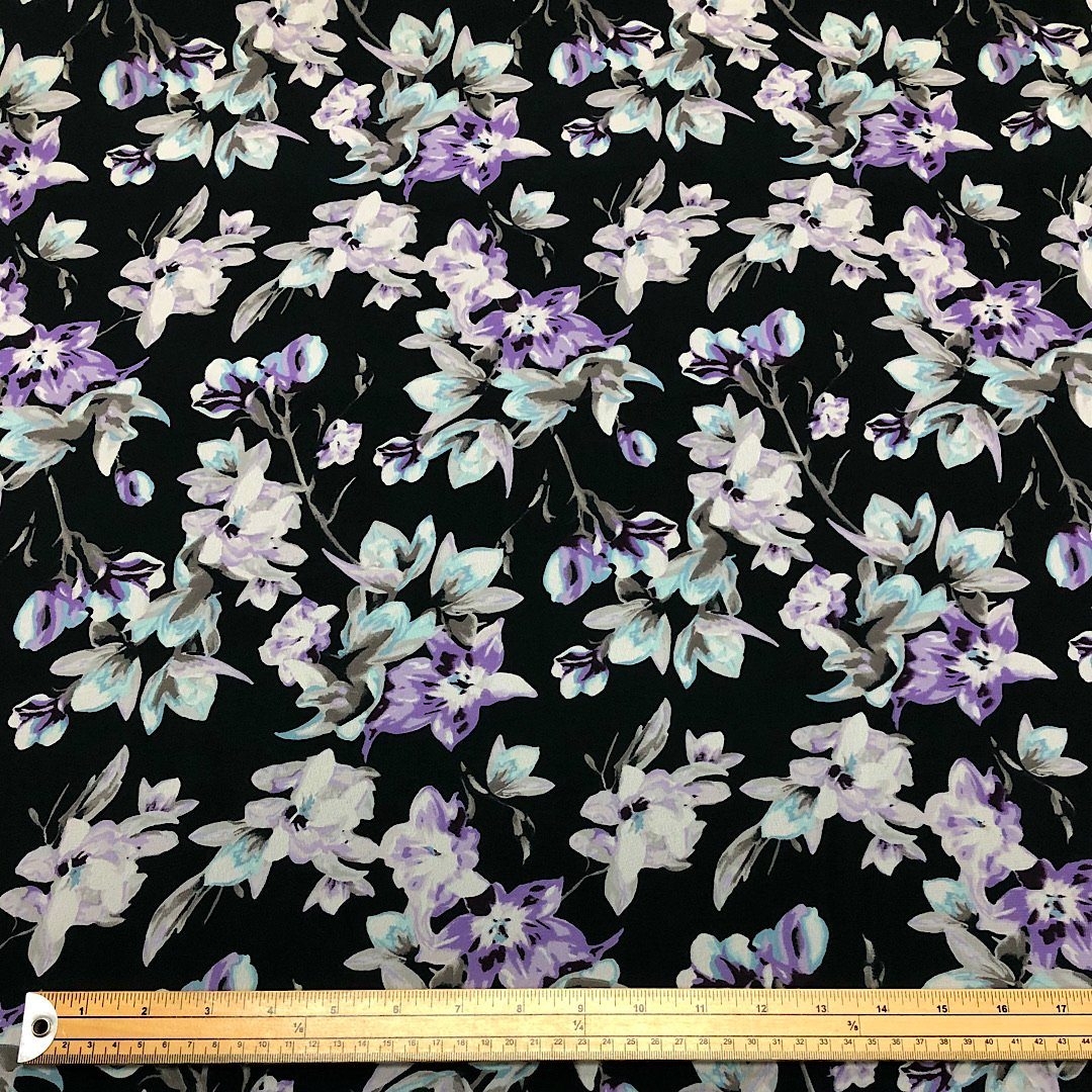 Purple Garden Flower on Black Chiffon Fabric (6542798127127)