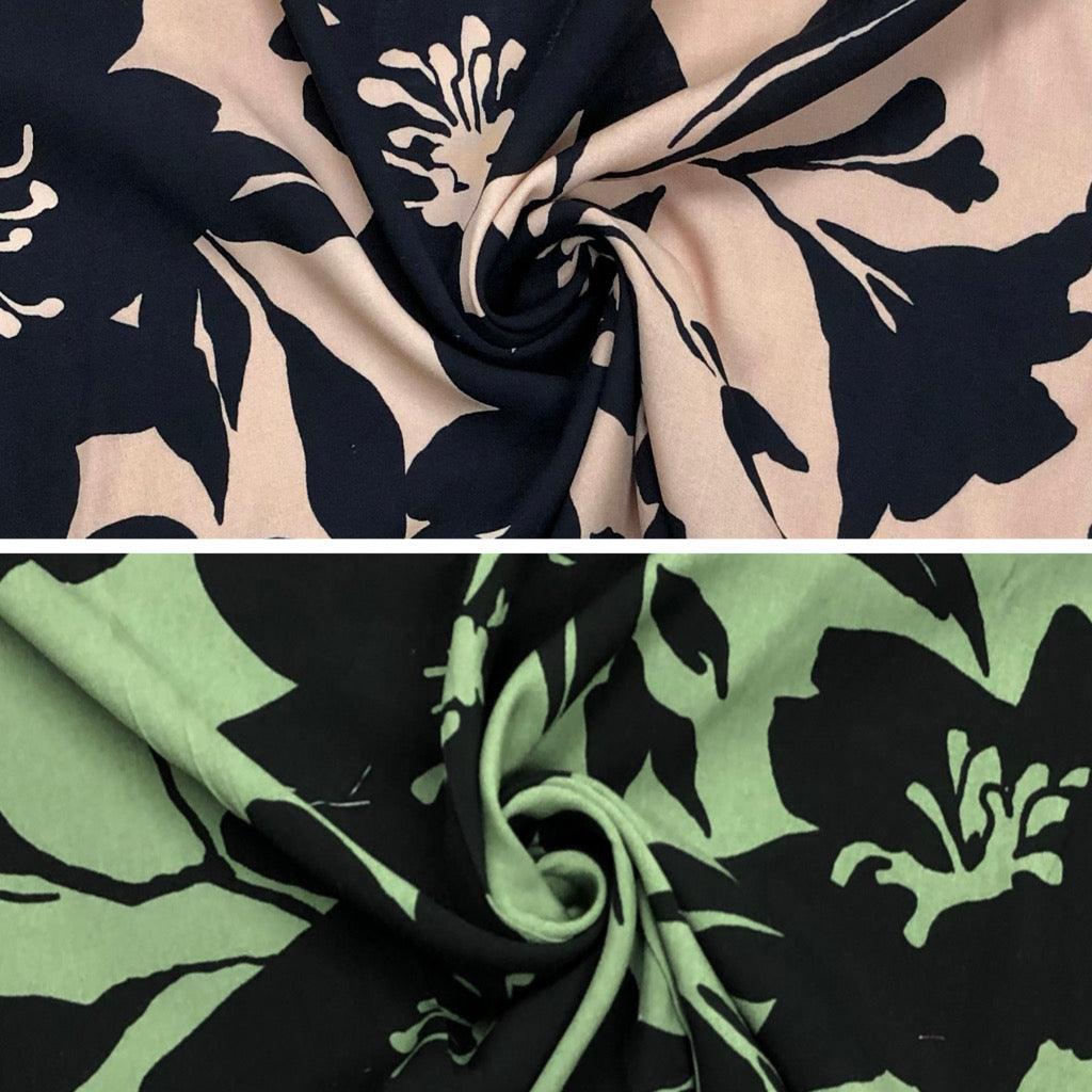 Large Black Floral Viscose Challis Fabric - Pound Fabrics