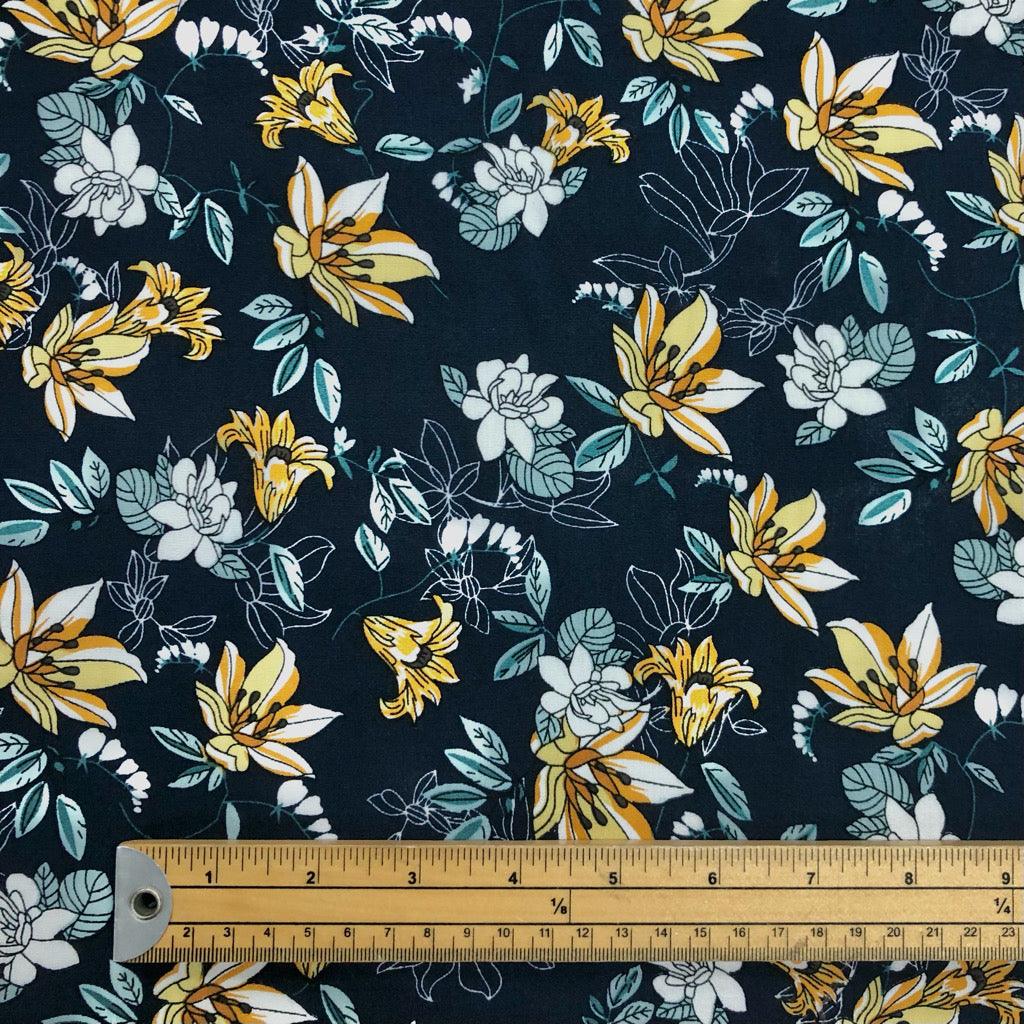 Lilies and Delicate Leaves Viscose Challis Fabric - Pound Fabrics