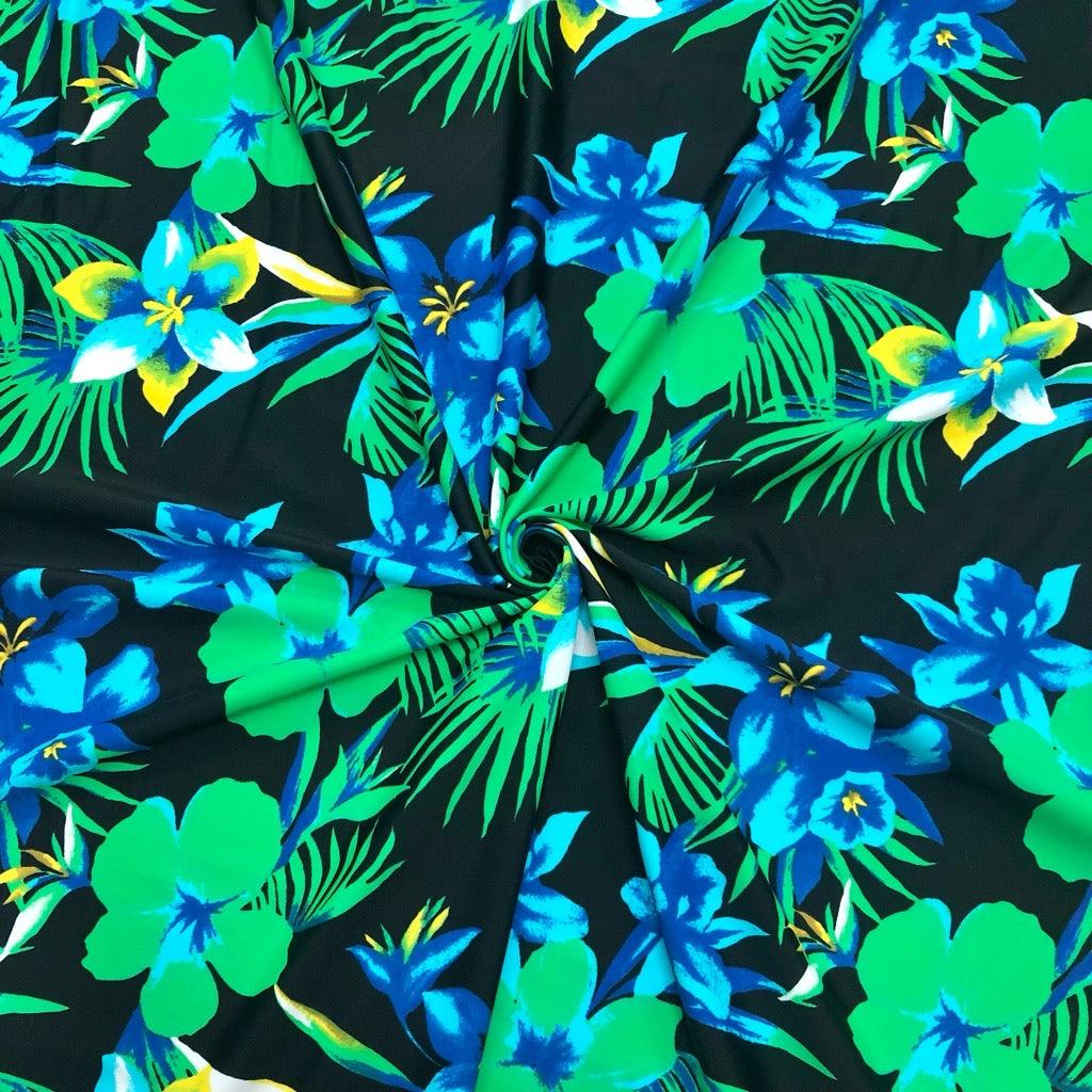 Blue and Green Floral on Black Lycra Spandex Fabric - Pound Fabrics