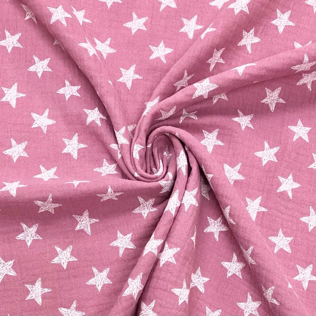 White Stars on Pink Double Gauze Fabric - Pound Fabrics