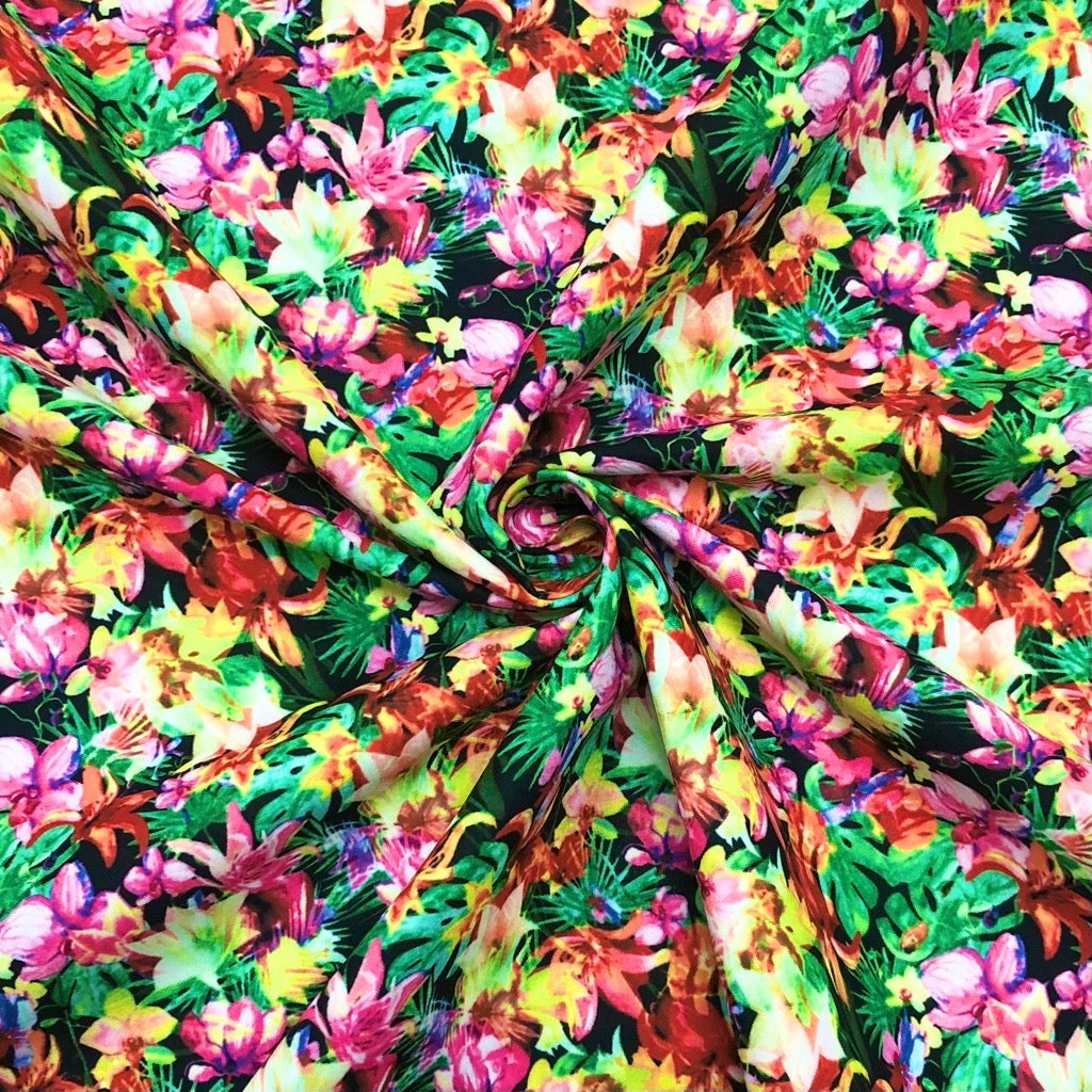 Vivid Lilies on Black Cotton-Touch-Polyester Fabric - Pound Fabrics
