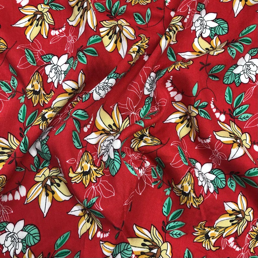 Lilies and Delicate Leaves Viscose Challis Fabric - Pound Fabrics