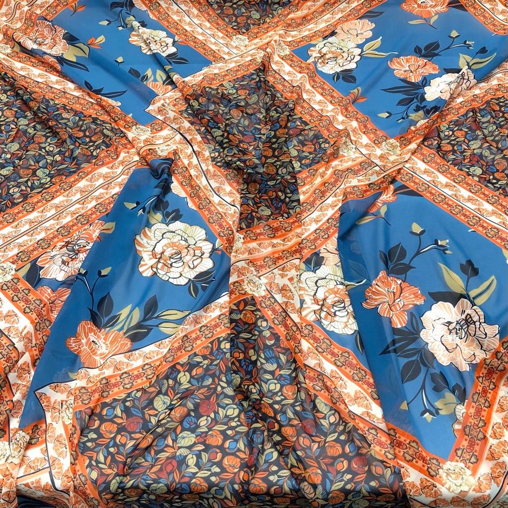 Blue and Orange Diamond Flower Chiffon Fabric (6548199931927)