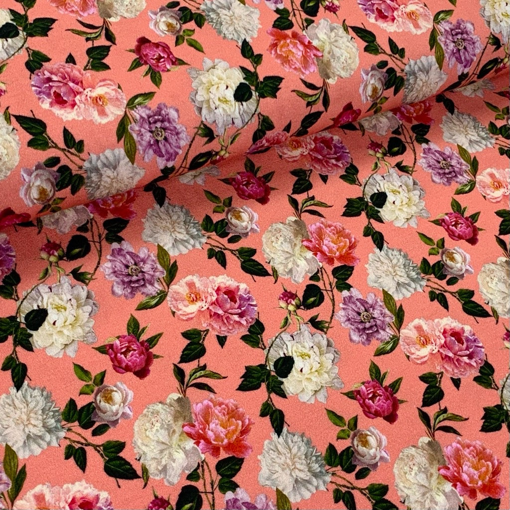 Digital Flowers on Coral Viscose Jersey Fabric - Pound Fabrics