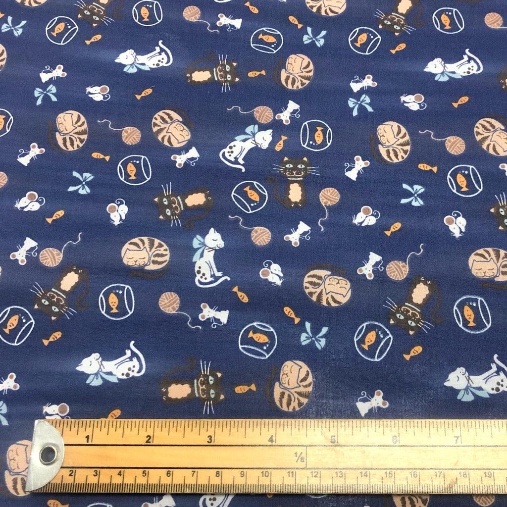 Cats, Mice and Fish on Navy Polycotton Fabric - Pound Fabrics