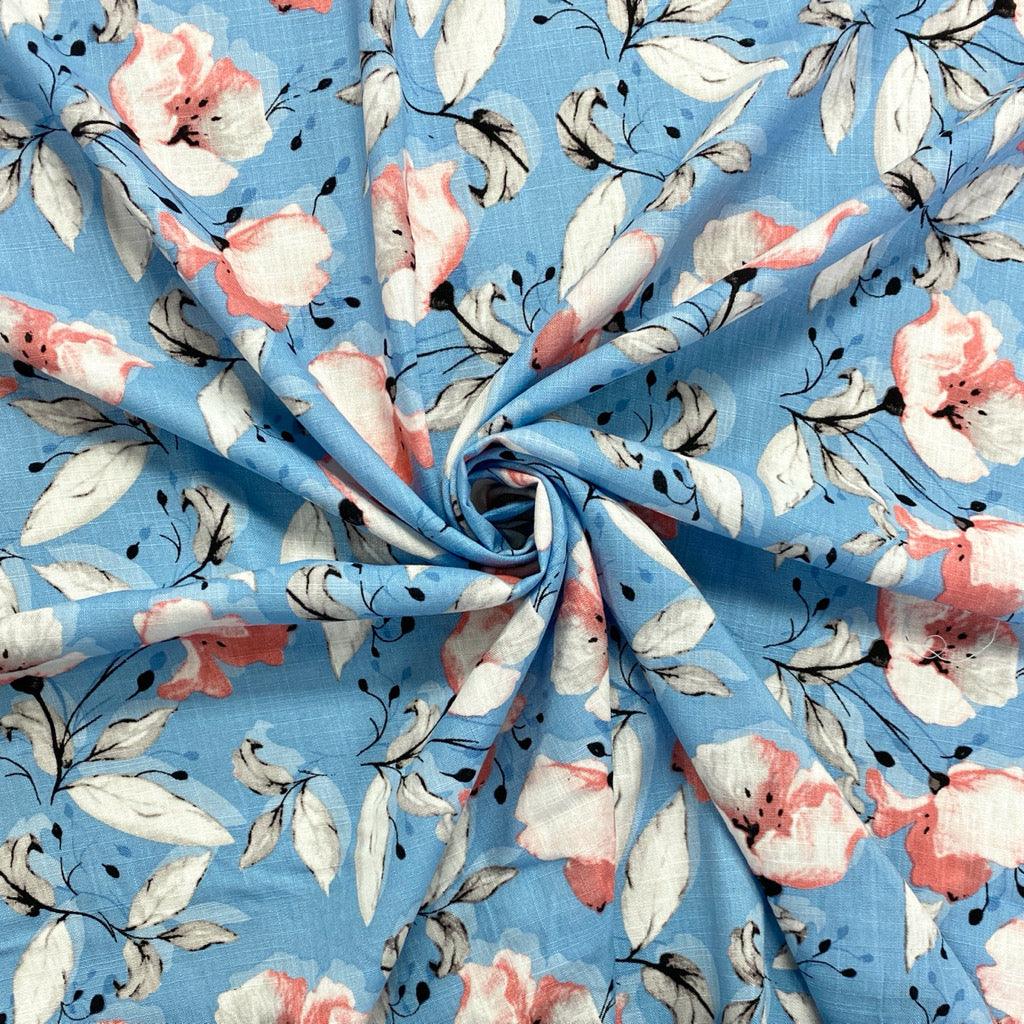 Magnolia Flowers Linen Mix Fabric - Pound Fabrics