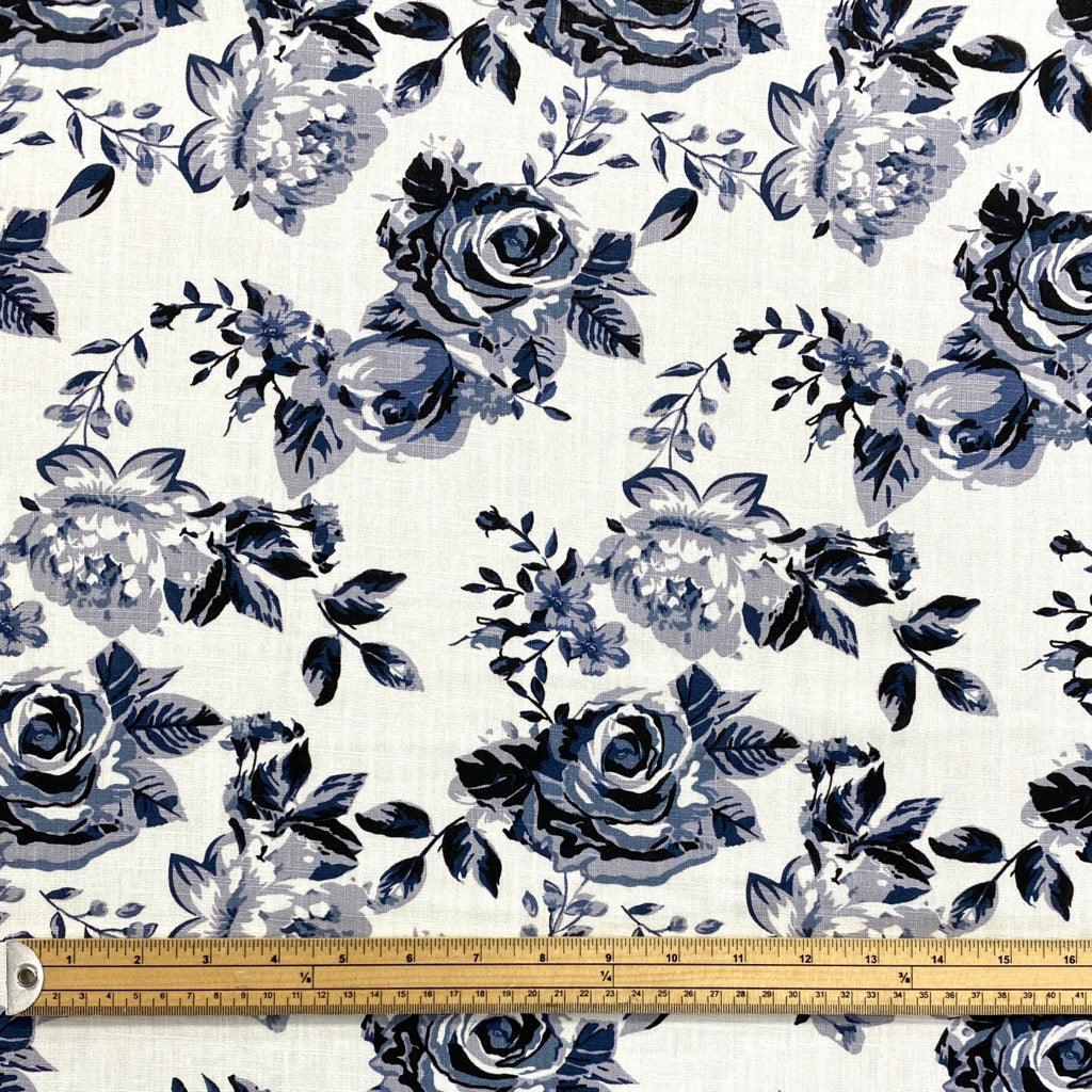 Monochrome Floral Linen Mix Fabric - Pound Fabrics