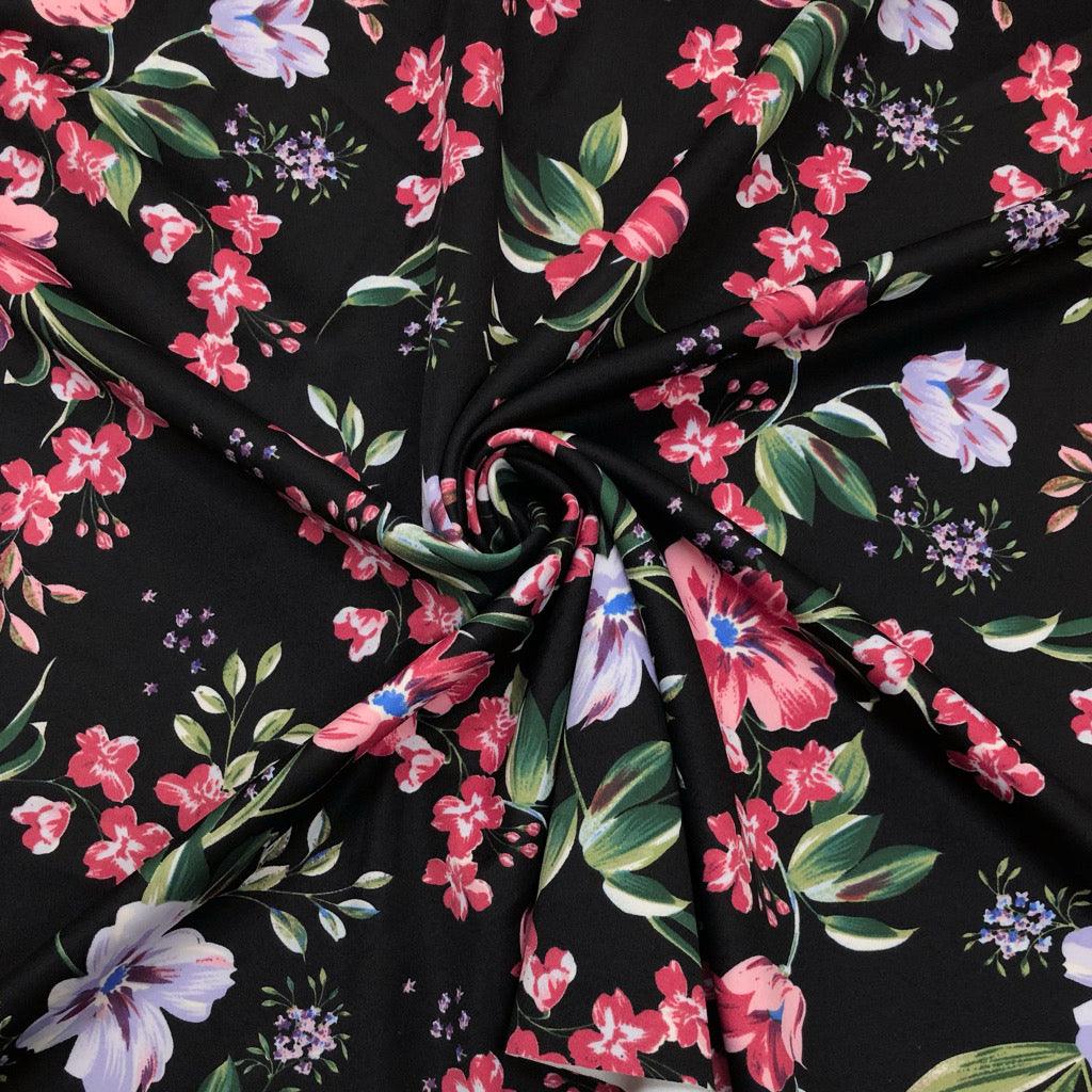 Pink Flower Leaves on Black Scuba Fabric - Pound Fabrics