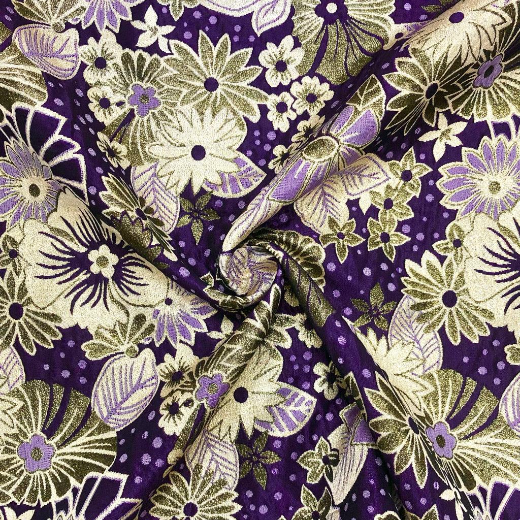 Gold/Purple Floral on Purple Brocade Fabric - Pound Fabrics