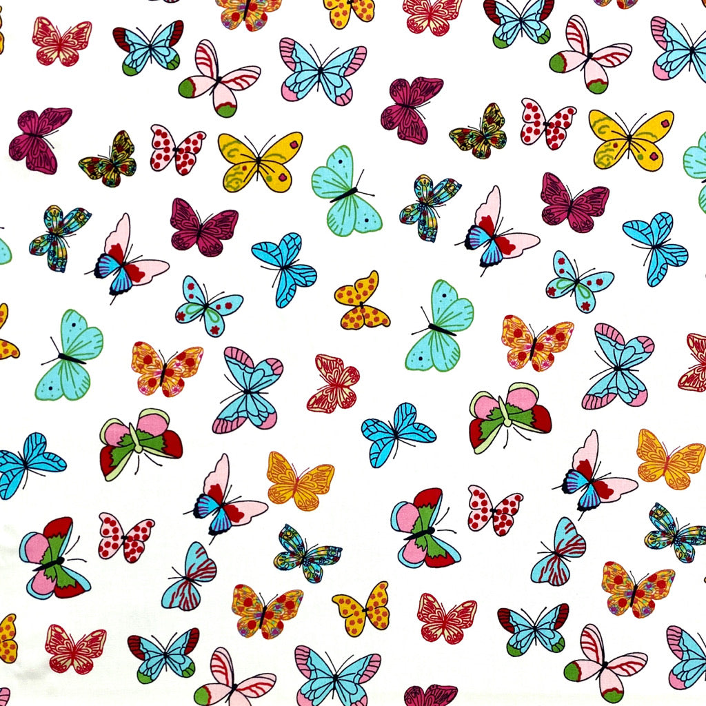 Colourful Butterfly Rose &amp; Hubble Cotton Poplin Fabric - Pound Fabrics