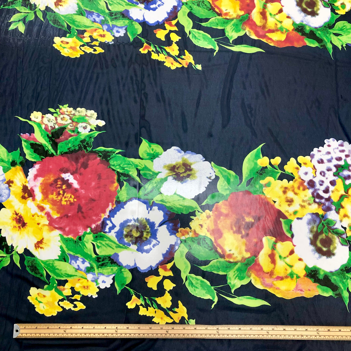 Colourful Floral Bunch on Navy Chiffon Fabric - Pound Fabrics