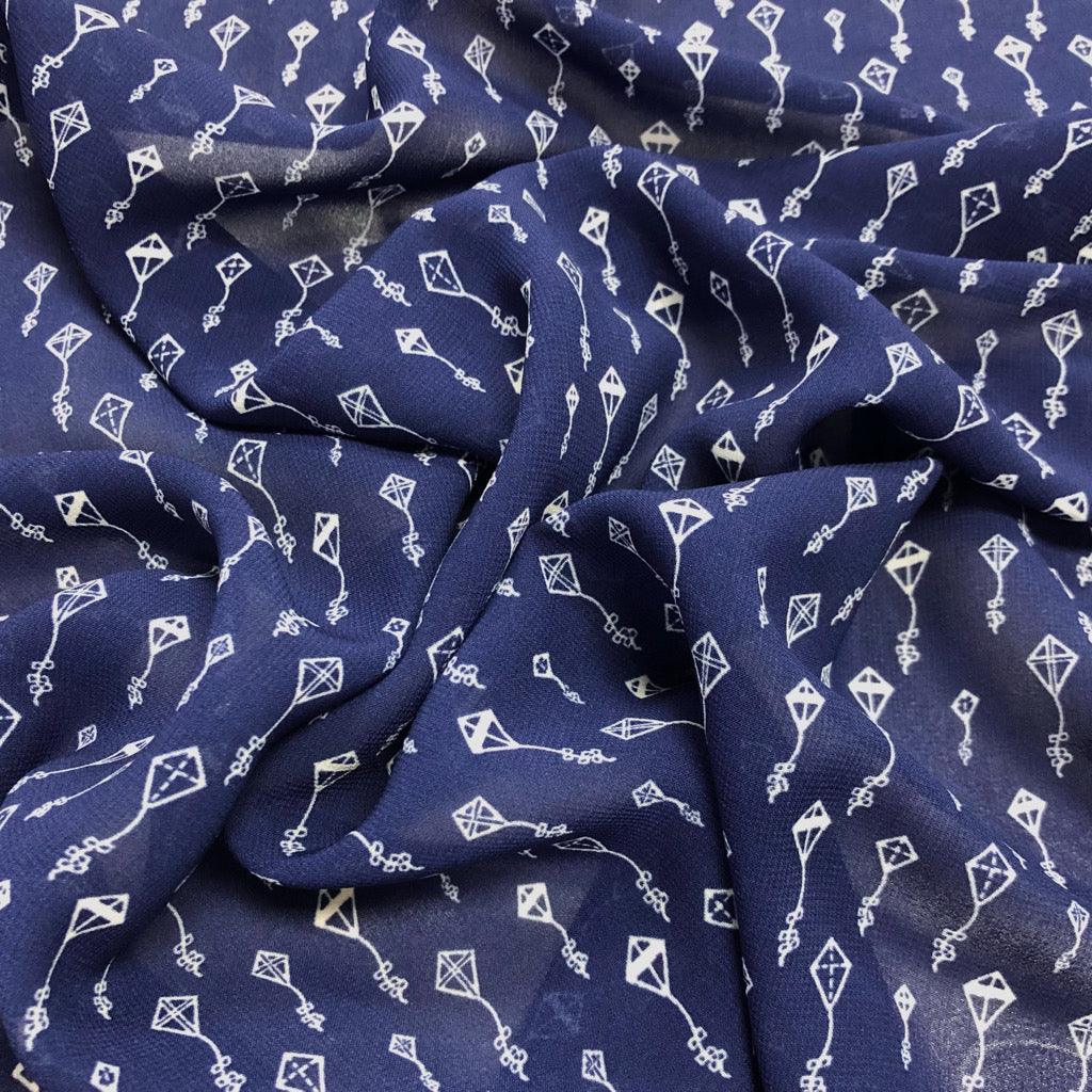 Kites on Navy Chiffon Fabric - 3m Pre-cut - Pound Fabrics