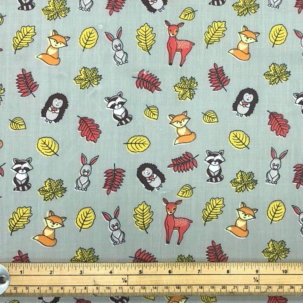 Forest Animals on Silver Polycotton Fabric