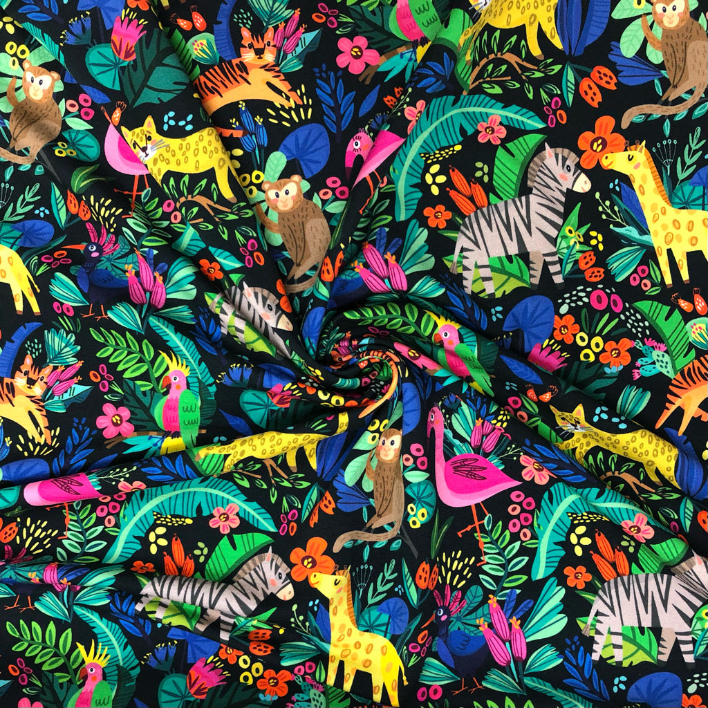 Animal Jungle on Black French Terry Fabric - Pound Fabrics