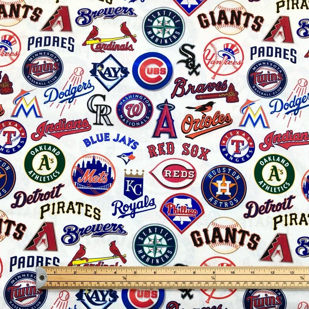 Baseball Team Logos on White Cotton Fabric - Pound Fabrics