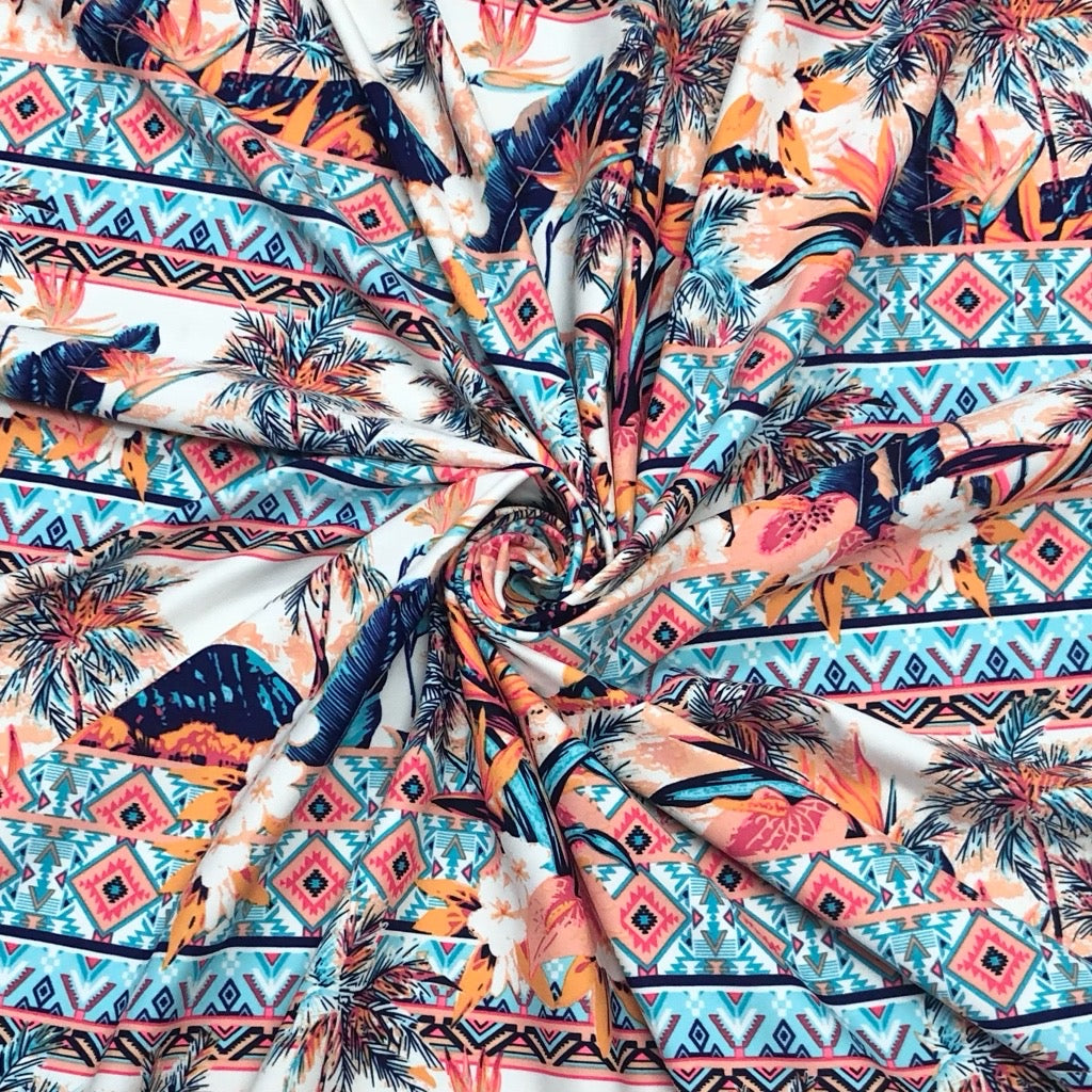 Orange and Blue Tropical Leaves Lycra Spandex Fabric