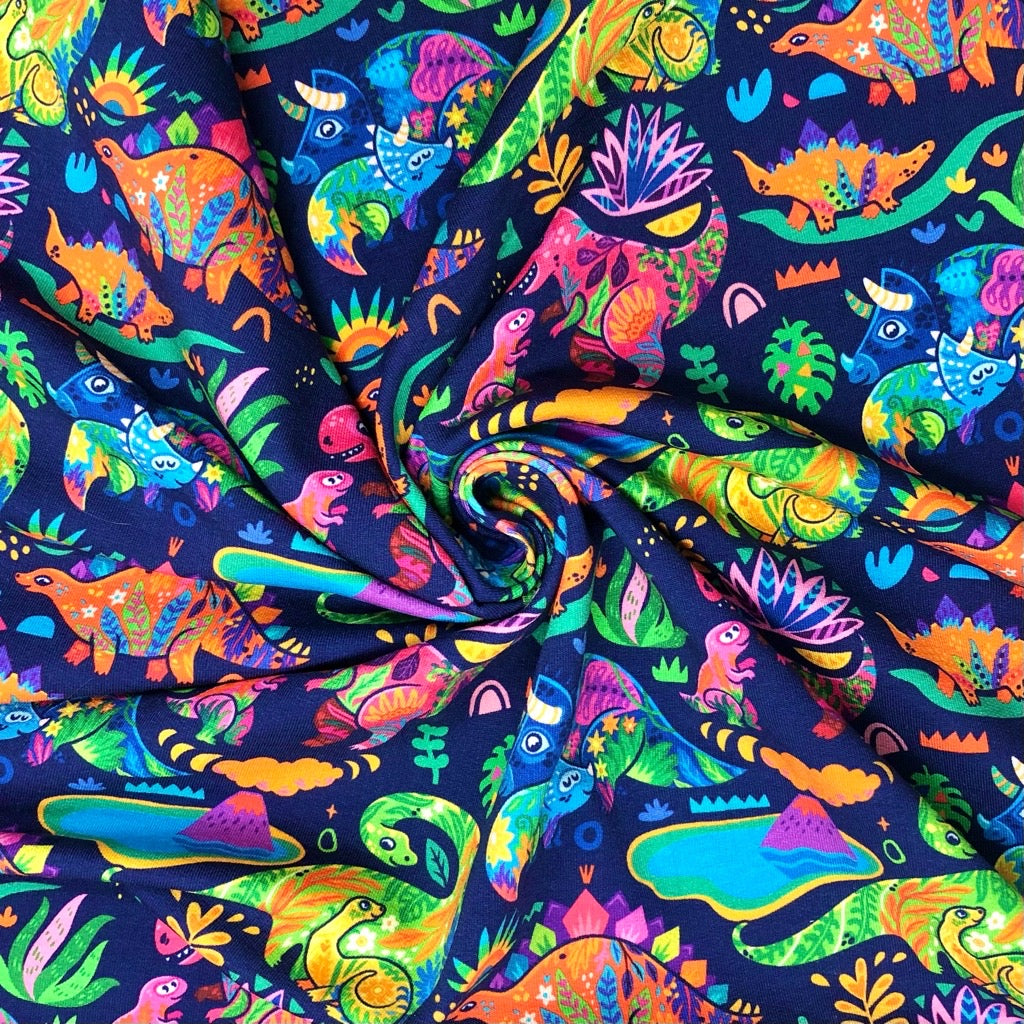 Multicoloured Dinosaurs on Navy French Terry Fabric - Pound Fabrics