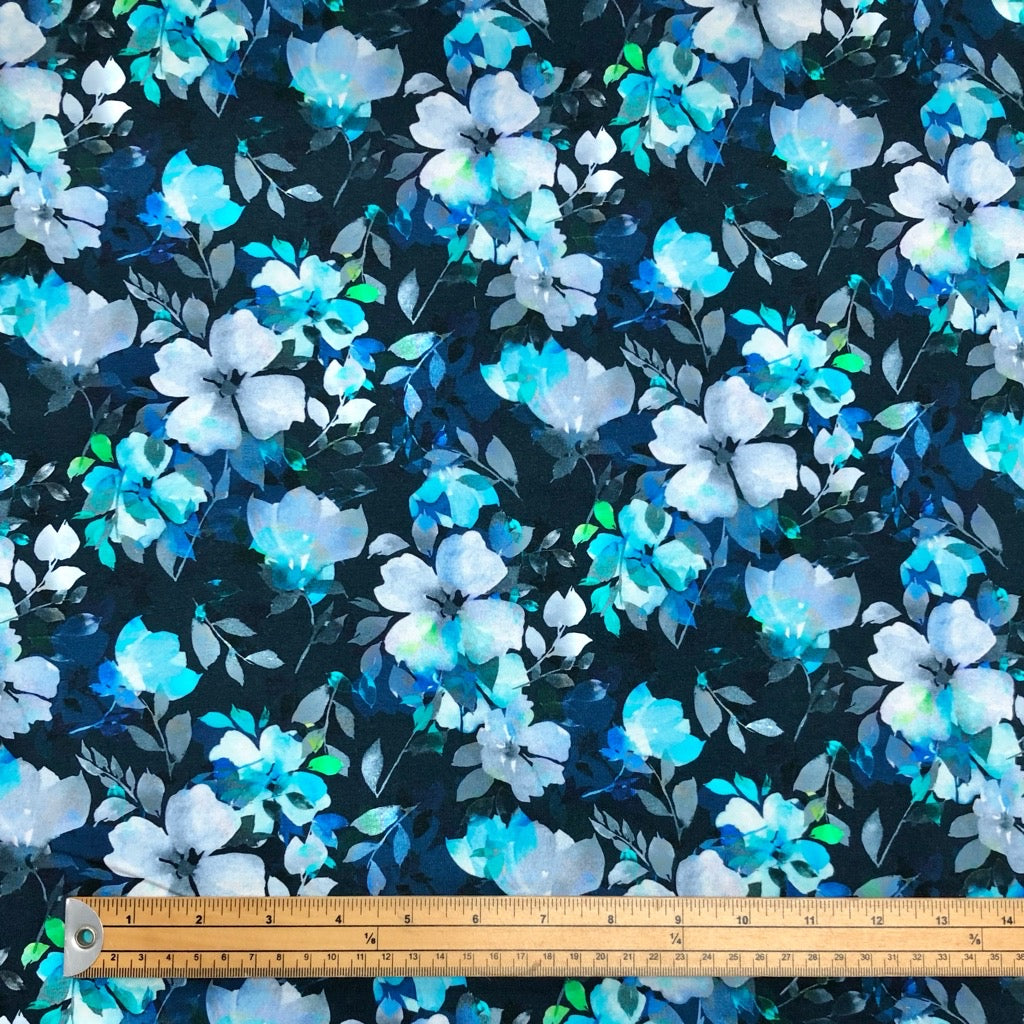 Elegant Silver and Blue Floral French Terry Fabric
