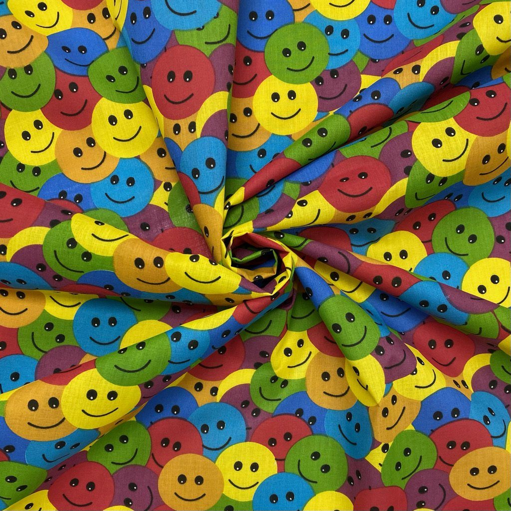 Multicolour Smiley Faces Polycotton Fabric (6549688778775)