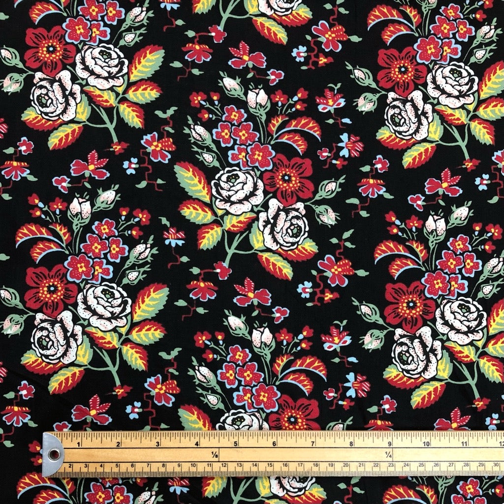 Red and Cream Floral on Black Cotton Poplin Fabric - 58&quot; wide - Pound Fabrics