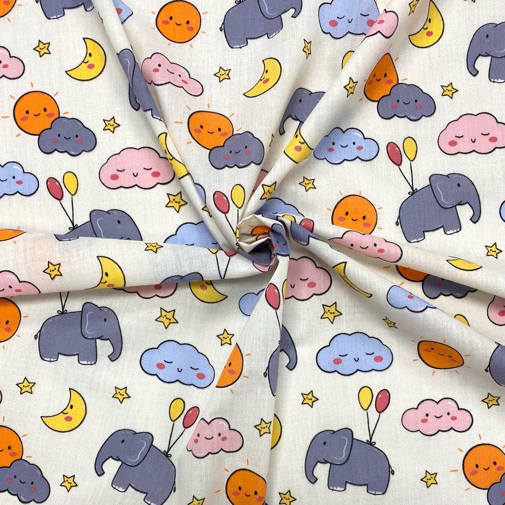 Elephant and Skies Polycotton Fabric - Pound Fabrics