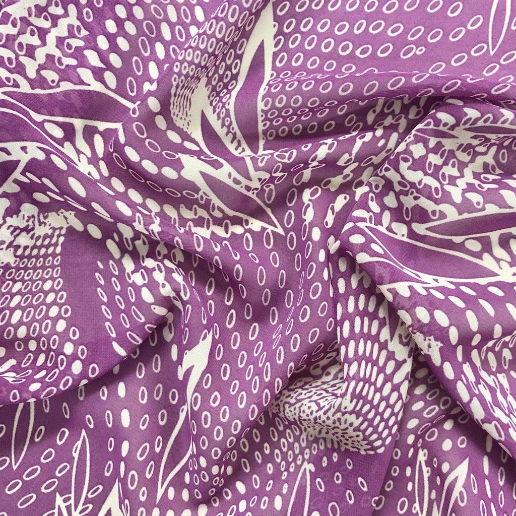 Cream Leaves and Dots on Purple Chiffon Fabric - 3 metres for £3 - Pound Fabrics