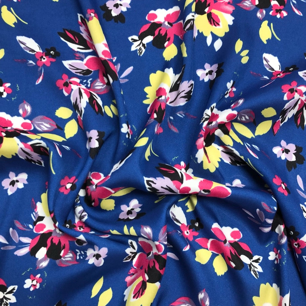 Arty Flowers on Royal Blue Satin Fabric