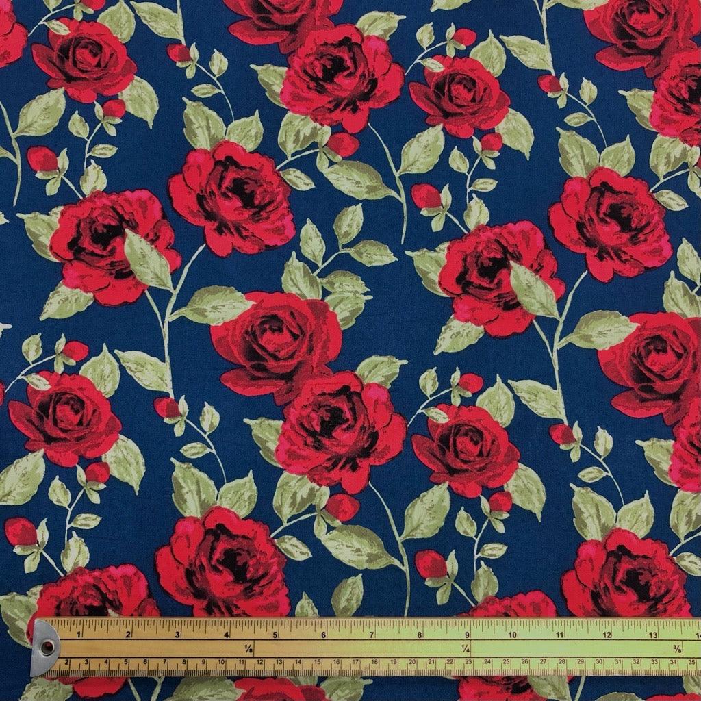 Large Roses on Navy Cotton Poplin Fabric - Pound Fabrics