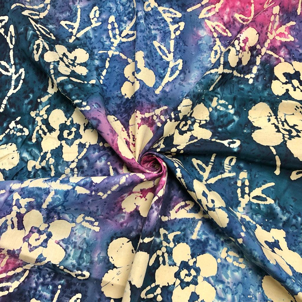 Beige Floral on Navy/Pink Cotton Batik Fabric - John Louden - Pound Fabrics
