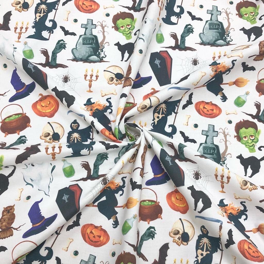 All Over Halloween Prints on White Rose & Hubble Halloween Cotton Fabric - Pound Fabrics