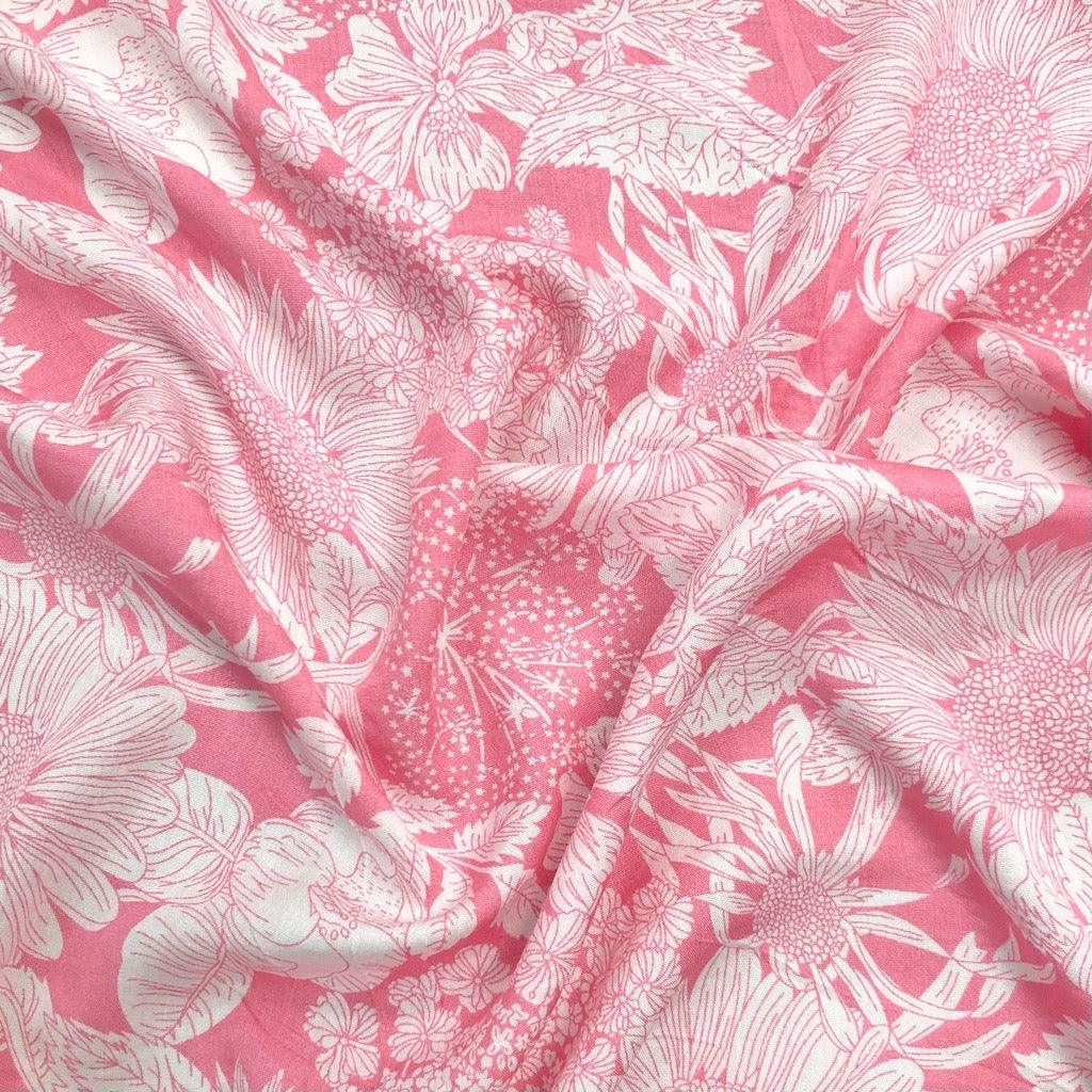White Floral Field Viscose Challis Fabric - Pound Fabrics
