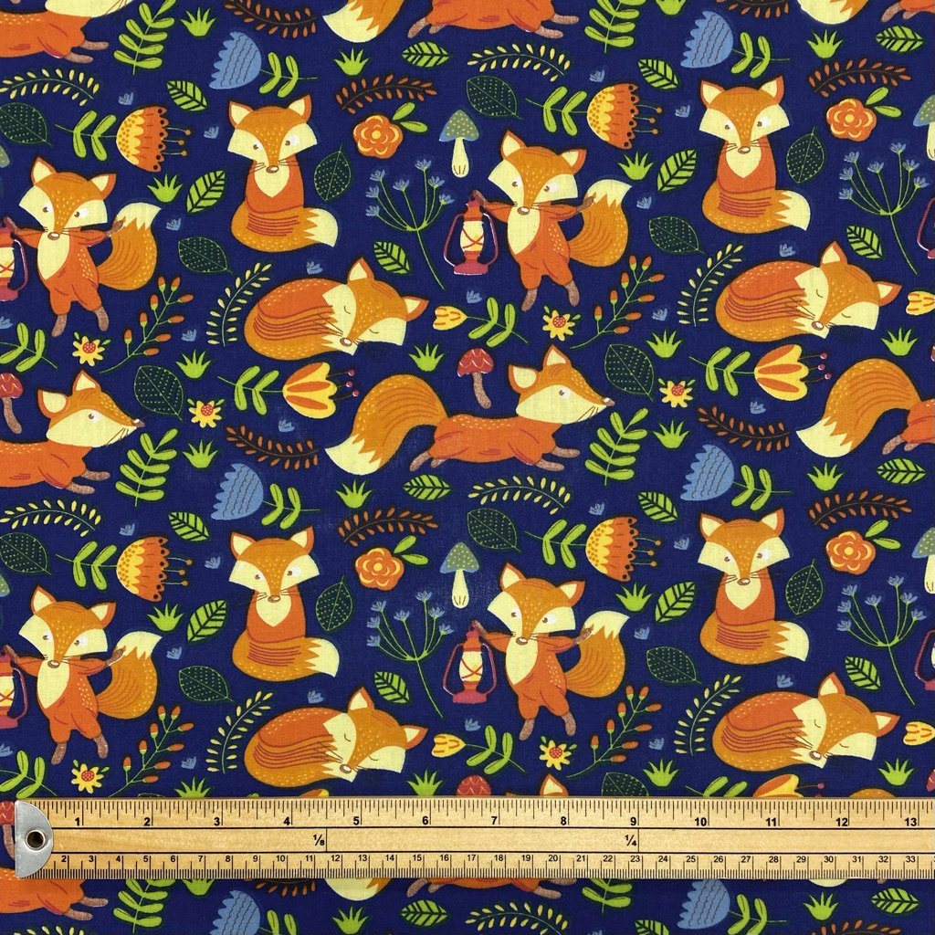 Foxes on Navy Polycotton Fabric (6549686812695)