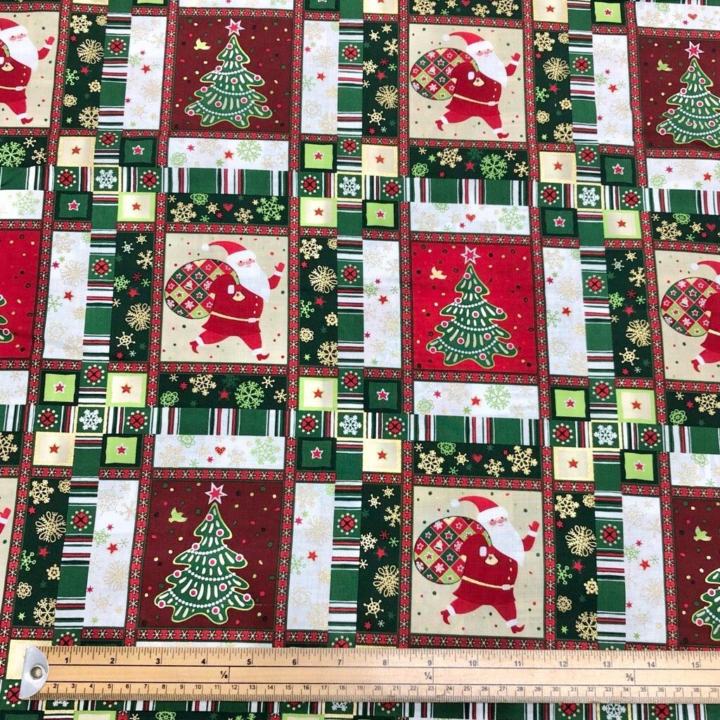 Santa Claus and Christmas Tree Collages Rose & Hubble Cotton Fabric - Pound Fabrics
