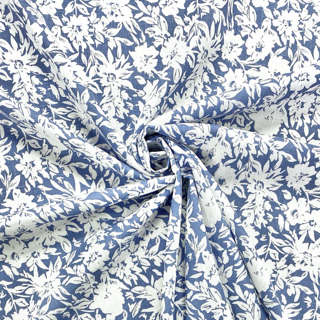 White Floral Outline Linen Mix Fabric - Pound Fabrics