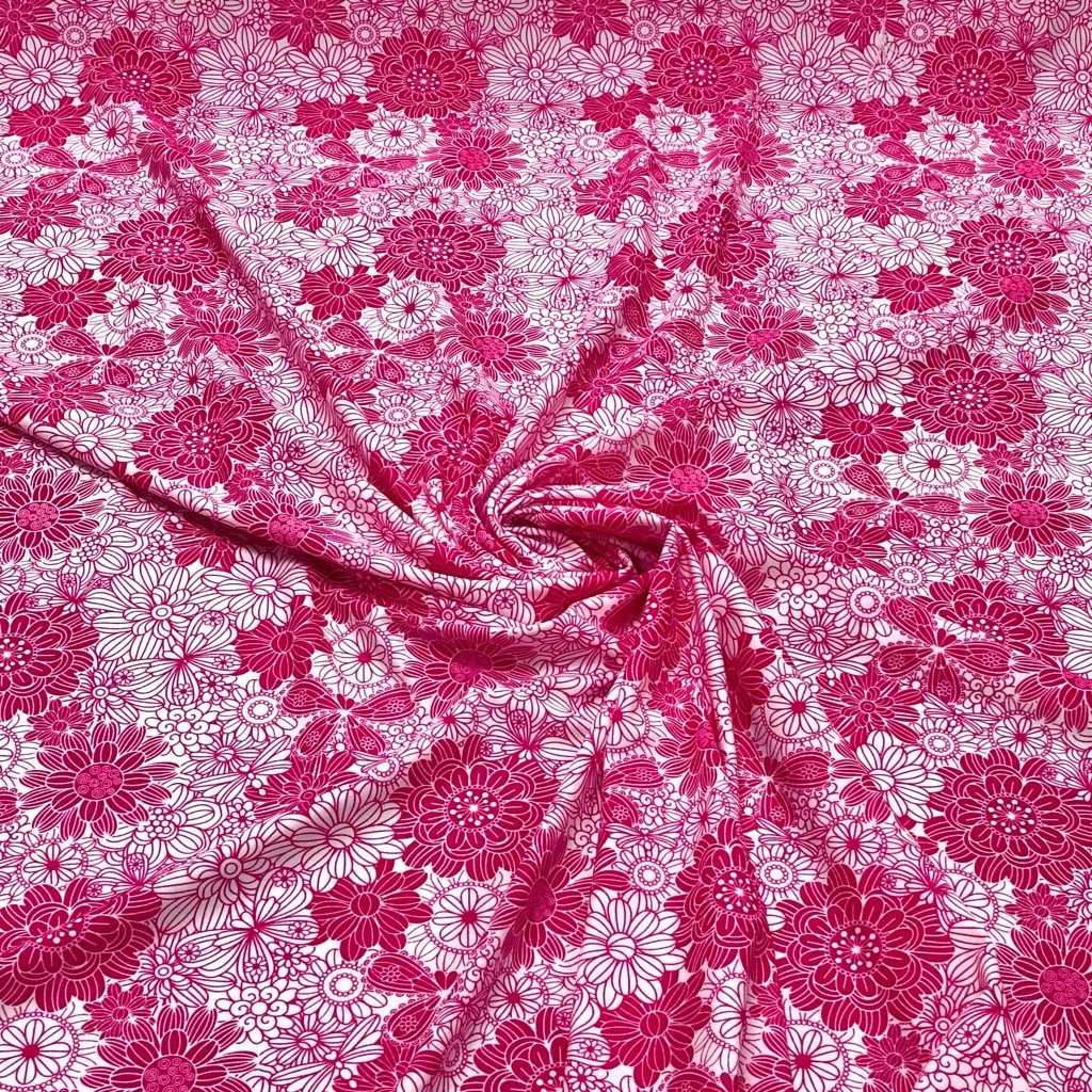 Pink and White Flower Land Lycra Spandex Fabric (6555124924439)