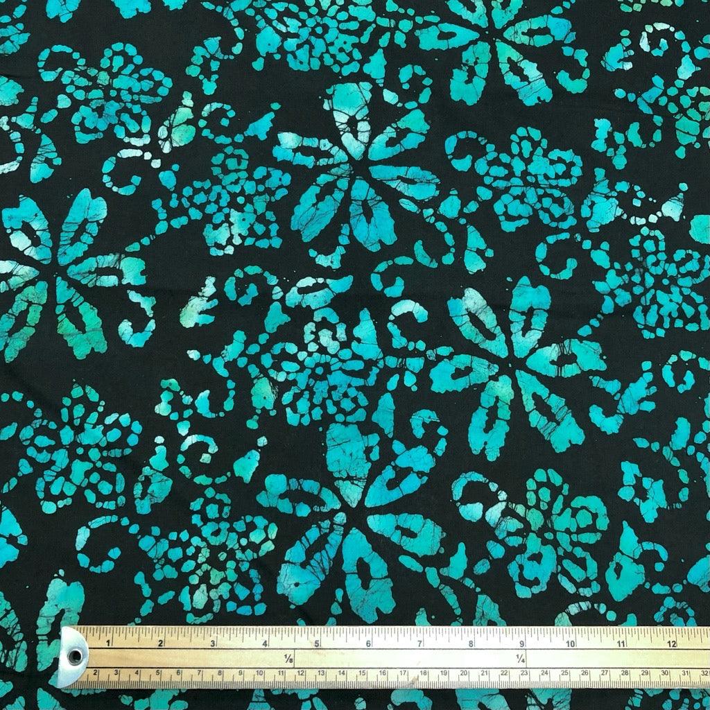 Green/Blue Floral on Black Cotton Batik Fabric - John Louden - Pound Fabrics