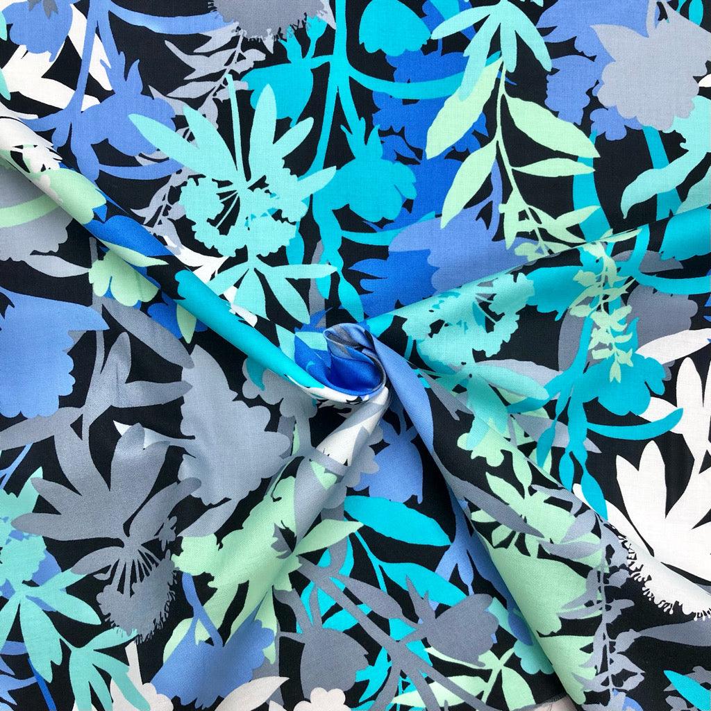 Green/Blue/Grey Floral Jungle Cotton Poplin Fabric - 58" wide - Pound Fabrics