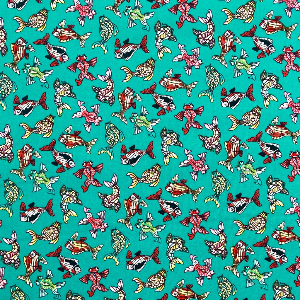 Multicoloured Fish Rose &amp; Hubble Cotton Poplin Fabric - Pound Fabrics