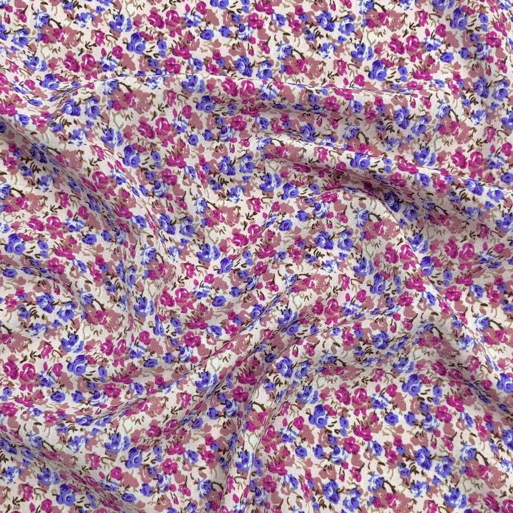 Mini Pink and Blue Floral Polyester Crepe Fabric - Pound Fabrics