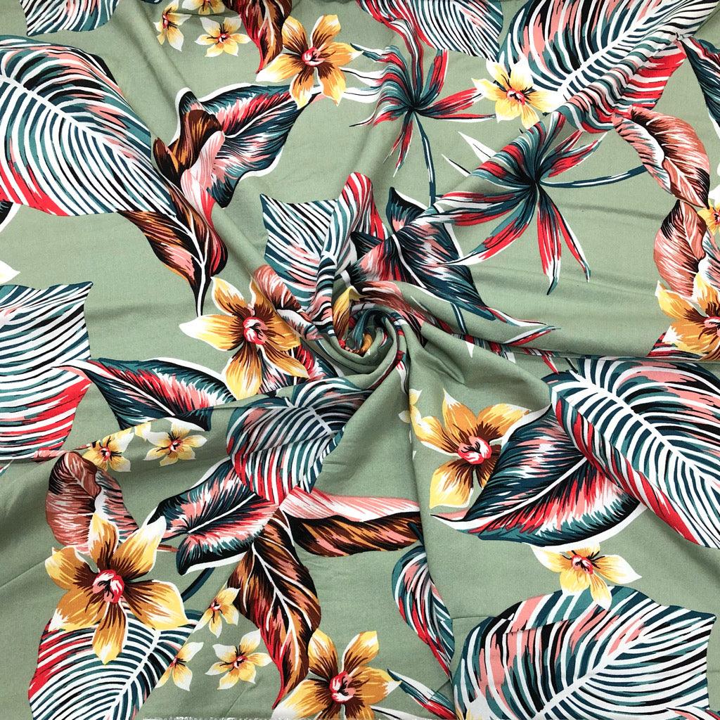 Large Tropical Flowers and Leaves Viscose Challis Fabric - Pound Fabrics