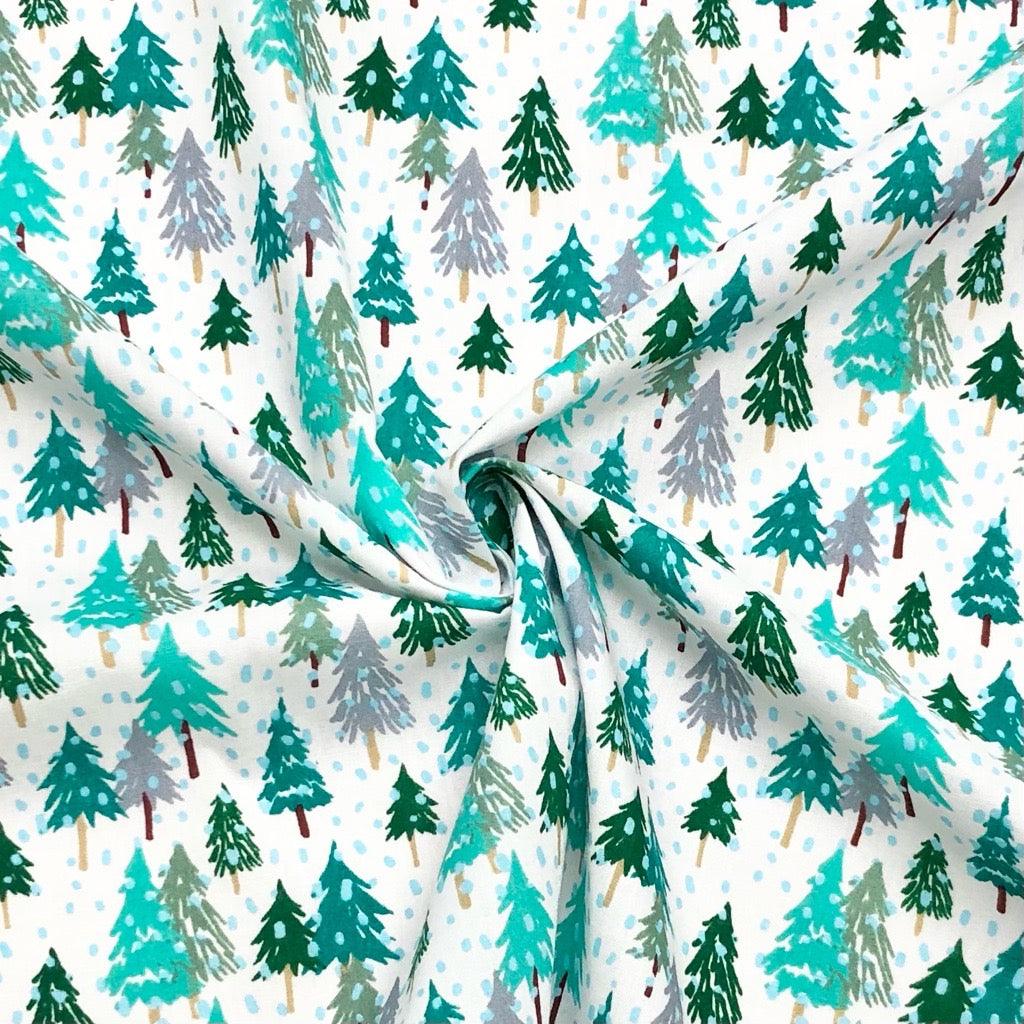 Green & Grey Christmas Trees on White Polycotton Fabric - Pound Fabrics