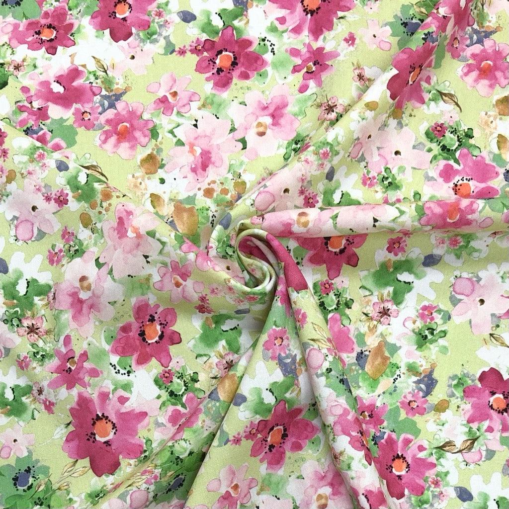 Digital Watercolour Pink Floral on Green Viscose Challis Fabric - Pound Fabrics