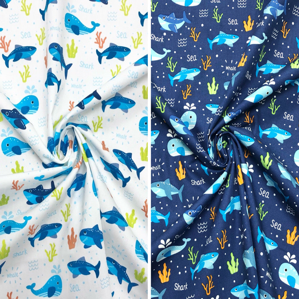 Blue Whales and Sharks Rose &amp; Hubble Cotton Poplin Fabric - Pound Fabrics