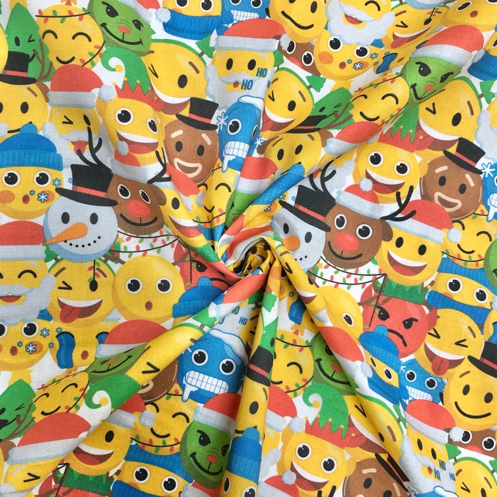 All Over Xmas Emojis Rose &amp; Hubble Christmas Cotton Fabric - Pound Fabrics