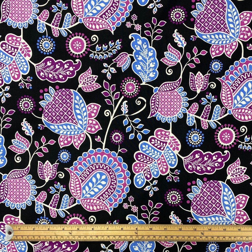 Purple Henna Art on Black Cotton Poplin Fabric - 58&quot; wide (6569504702487)