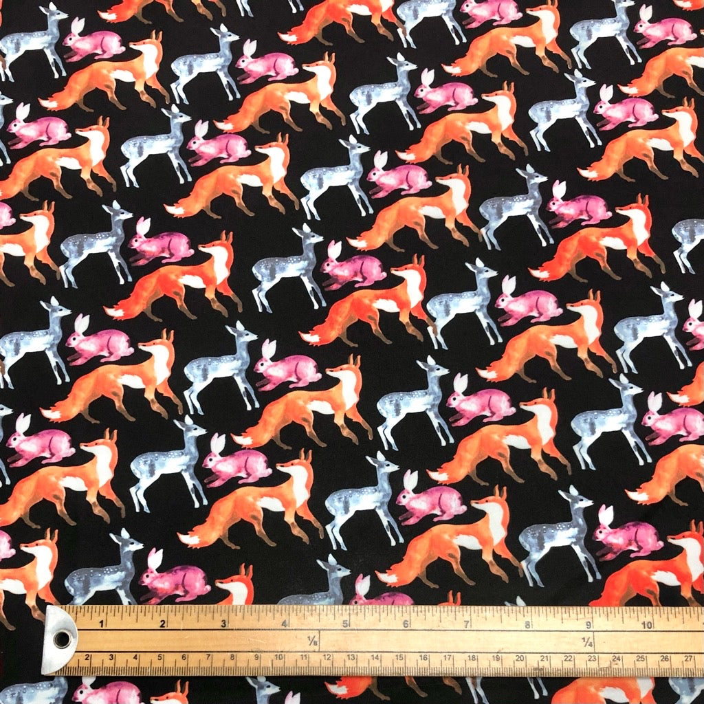 Deers, Foxes and Rabbits on Black Cotton-Touch Polyester Fabric - Pound Fabrics