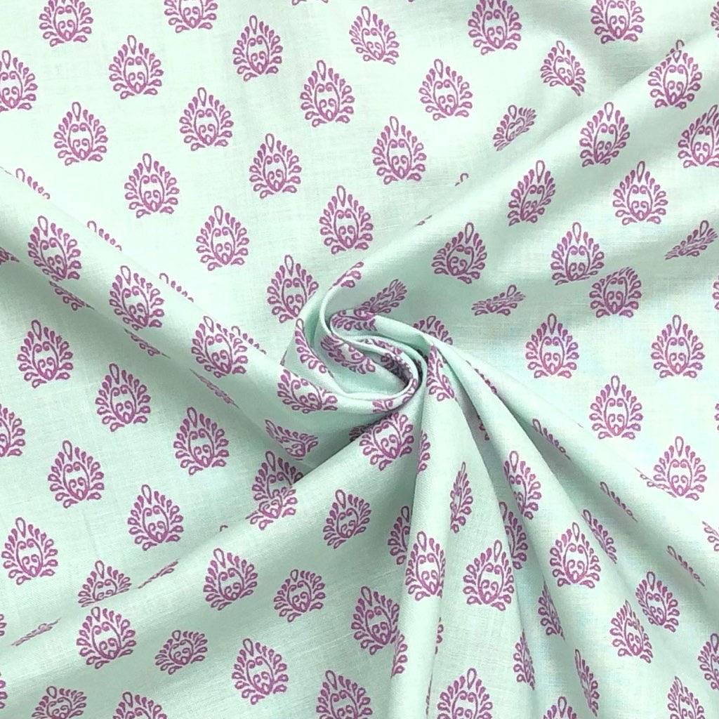 Purple Abstract Patterns on Pale Mint Cotton Poplin Fabric - 58" wide - Pound Fabrics