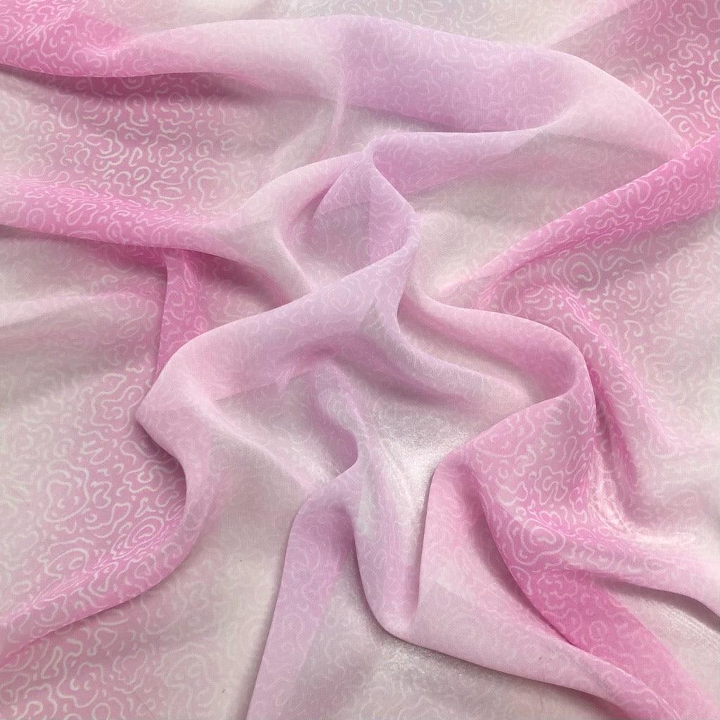 White Doodles on Pink and Lilac Chiffon Fabric - 3m Pre-cut - Pound Fabrics