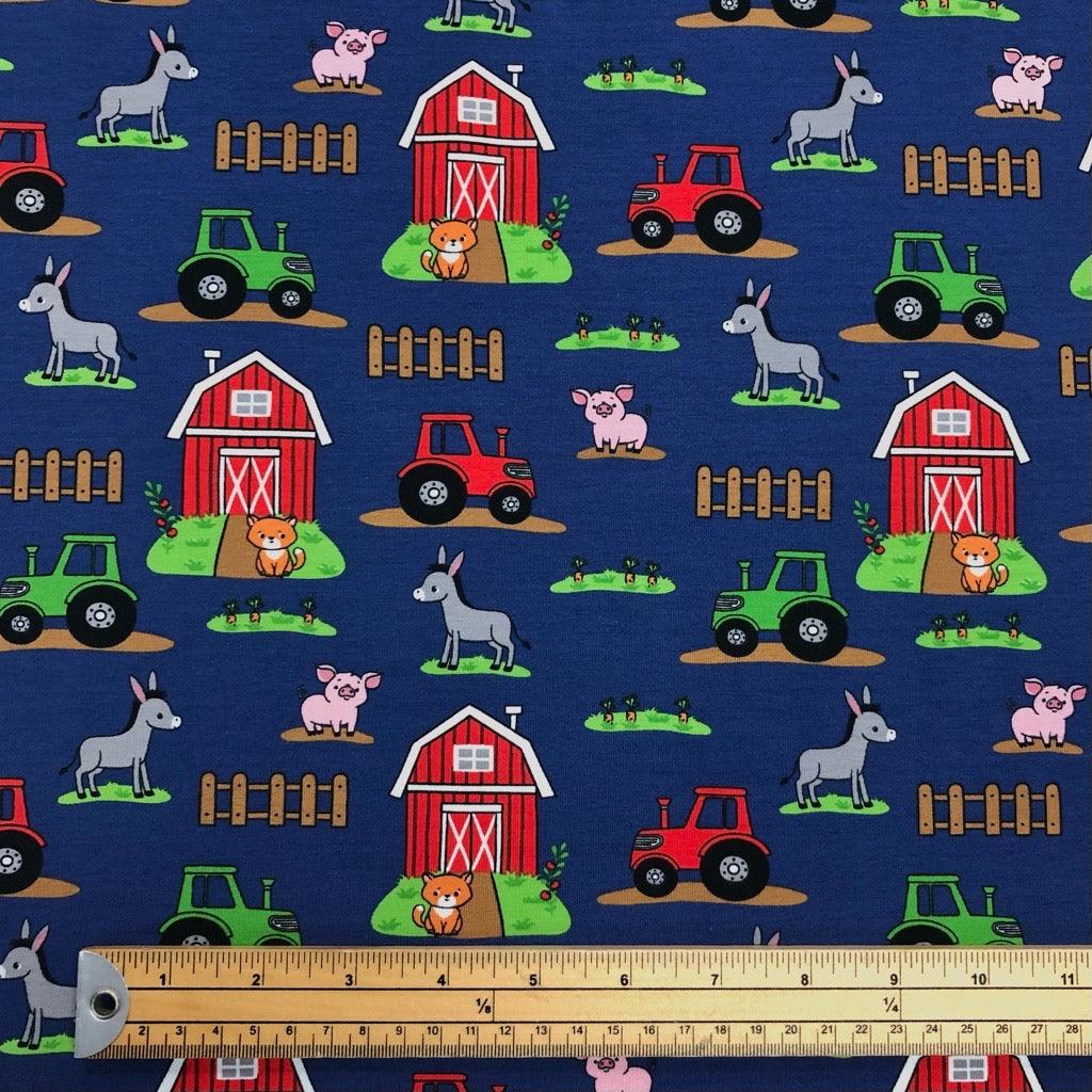 Farm Animals on Navy Cotton Jersey Fabric - Pound Fabrics
